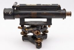 A grey enamelled and brass theodolite: marked 'Rebuilt by Stanley' to the three point adjustable