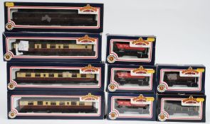 Four carriages and five goods wagons by Bachmann, boxed:.