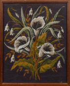 A Berlin work panel of Arum lilies:, framed and glazed 48 x 39 cm..