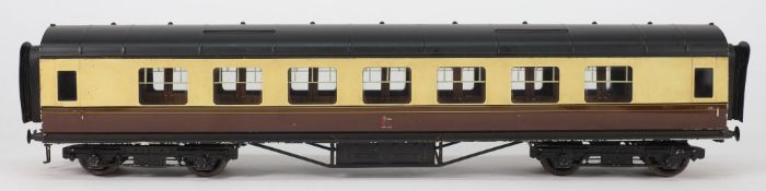 Exley, a 3rd class passenger corridor coach:, in GWR cream and brown livery.