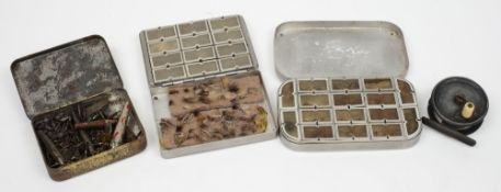 An Allcock aluminium fly tin, together with one other fly tin and contents,
