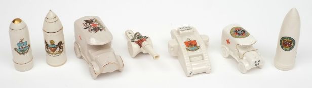 Seven World War One Period Crested models:, comprising three artillery shells, two ambulances,