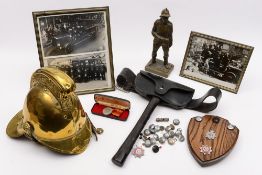 An Edwardian Merryweather pattern brass fireman's helmet:, the comb with embossed dragon,
