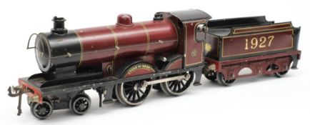 A Bassett-Lowke c/w locomotive No 1927 'Duke of York': with six wheel tender in LMS maroon livery,