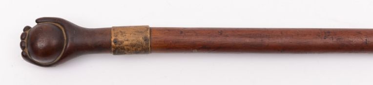 A 19th Century bailiff's cane:, the fruitwood shaft with white metal mount,