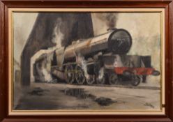 20th century Locomotive in a shed.
oil on canvas, signed 'Bee 69':, lower right, 50 x 76cm.