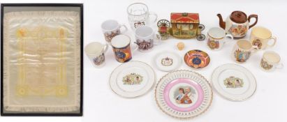 A collection of Royal commemorative wares including a Jacobs Coronation tin in the form of a coach:,