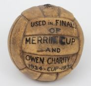 A 1930's leather football: with stencilled inscription 'Used in Finals of Merrin Cup and Owen