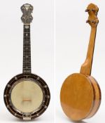 A satinwood and amboyna inlaid banjo ukulele by Alfred D Cammeyer, London:,