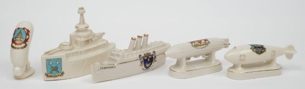 Five World War One Period Crested models:, 'Iron Duke', 'Lusitania', 'Model of a Super Zeppelin',