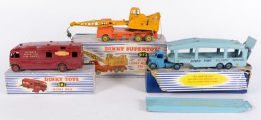 Dinky No 972, 20-Ton Lorry-Mounted Crane:, No 982 Pullmore Car Transporter and No 981 Horse Box,