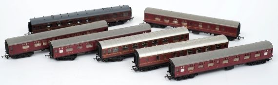 Seven unboxed LMS livery carriages:, various makers.
