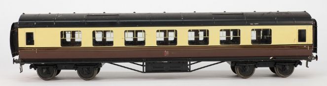Exley, a 3rd class passenger corridor coach:, in GWR cream and brown livery.