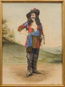 A watercolour of a cavalier initialed 'L C R':, framed 30 x 22cm.