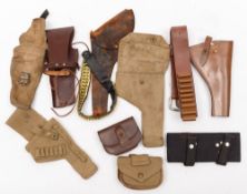 A WWI period brown leather holster, together with a group of later holster and ammunition pouches:.