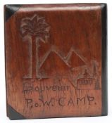 A WWII  treen cigarette box, inscribed 'Souvenir POW camp':.