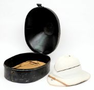 An 'Equator Brand' white Royal Navy Pith helmet in a Russian lacquer case:,