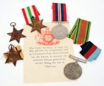 A World War II group of five medals: 1939-45 War Medal, Defence Medal, Africa Star,