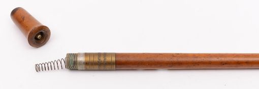 An early 20th Century fruitwood walking cane:, with inset torch bulb to the handle,