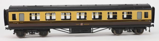 Exley, a 3rd class passenger corridor coach:, in GWR cream and brown livery.