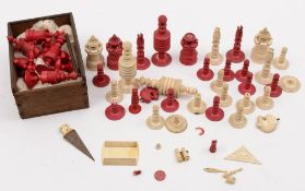 Two 19th century ivory and stained chess sets:, both incomplete and with some damage,