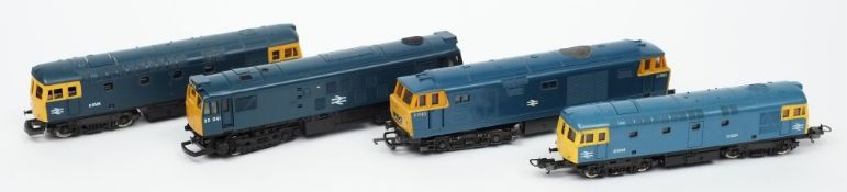Four BR livery Diesel locomotives:, Lima, Hornby and Tri-ang.
