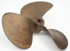 A bronze ship's propeller:, inked with spec key 3/8 inch, pitch 22 inches, bore 1 1/2inch,
