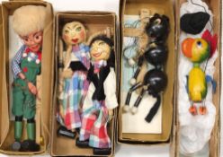 Pelham puppets:, Hansel, Parrot, Black Cat, and a boy and girl possibly Swedish Boy and Girl,