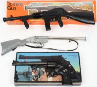 A toy Tommy gun by Rosedale:, with 'Authentic Rapid Fire Noise', boxed,