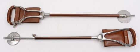 A game bird shooting stick:, the aluminium hinged seat frame with tan leather supports,