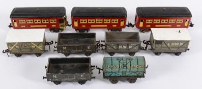 Bing, Carette and others: three open wagons, cattle wagon, brake van, tanker (Shields & Brown).