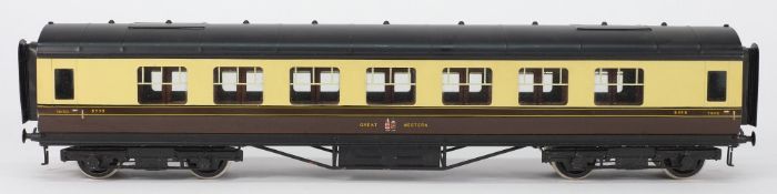 Exley, a 3rd class passenger corridor coach:, in GWR cream and brown livery.