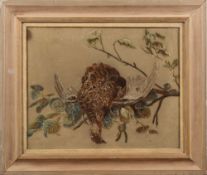 A needle work panel, depicting a cock pheasant: worked in coloured silks of browns, greens,