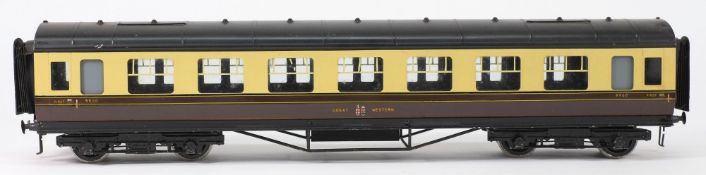 Exley, a 1st class passenger corridor coach:, in GWR cream and brown livery.