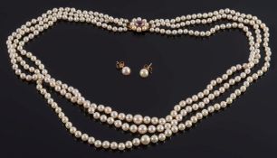 A graduated cultured pearl three-string necklace: with a pair of single cultured pearl ear studs.