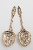 A pair of Victorian silver gilt spoons, maker mark worn, London, 1893:,