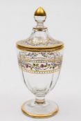 A Continental enamelled glass jar and cover: of mildly ribbed goblet shaped form,