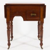 A 19th Century mahogany drop flap campaign table:, the hinged top with rounded corners,