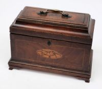 A 19th century mahogany and inlaid tea caddy:, of rectangular outline,