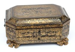 An early 19th Century Cantonese export lacquered workbox:, of rectangular outline,