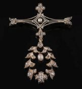 A diamond and cultured seed pearl pendant bar brooch:,