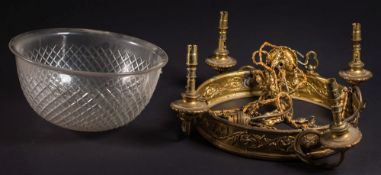 A late Victorian gilt metal ceiling fitting:, the corolla on chain suspension,