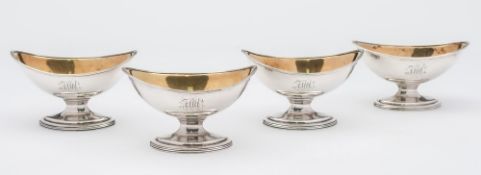 A set of four George III silver boat-shaped salts, maker William Abdy I, London 1792 : initialled,