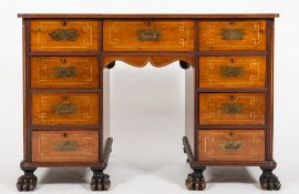 A 19th Century Indo Colonial hardwood and ivory inlaid rectangular kneehole desk:,