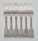 A set of six Victorian silver fiddle pattern table forks, maker Samuel Hayne & Dudley Carter,