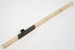 A 19th century Chinese sectional ivory opium pipe:, with figural mounted metal bowl, 51 cm long.