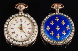 A French enamelled gold and seed pearl fob watch:,