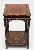 A Chinese hardwood and marquetry two tier jardiniere stand:,