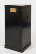 A Chinese black lacquer and brass mounted square pedestal box:,