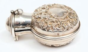 A late Victorian green glass and silver cased smelling salts bottle, maker HM, Birmingham,